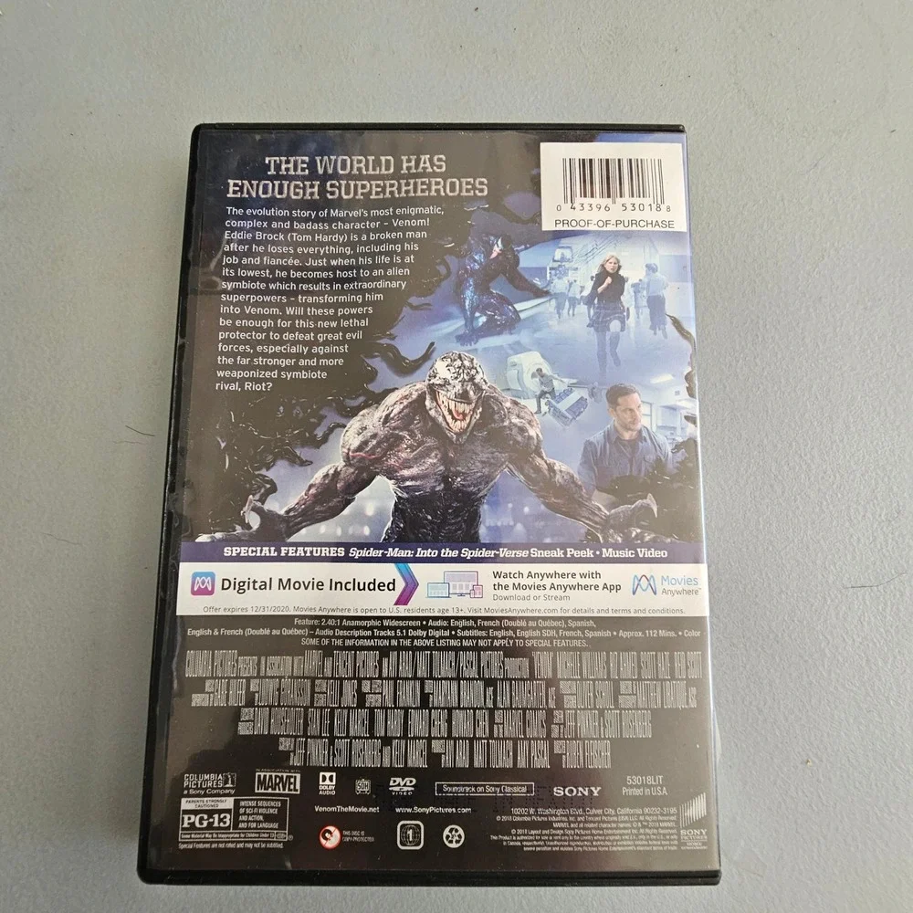 Venom DVD Tom Hardy Marvel Action Movie Standard Edition 2018